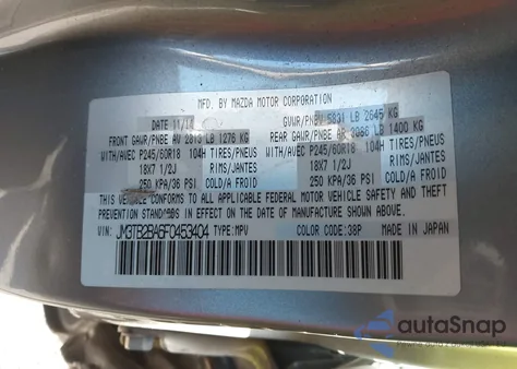 2015 Mazda Cx-9 Sport из США, поврежденный, VIN JM3TB2BA6F0453404